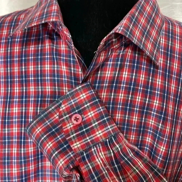 Fusion Men’s 18 1/2 34/35 Red White Blue Checkered Long Sleeve Button Down Shirt - Picture 4 of 7
